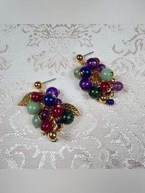 Vintage Gold Leaf Cluster Bead Earrings - Multicolor, Unmarked, No Backs